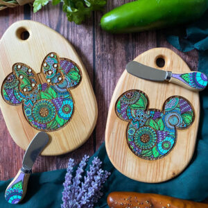 Hand-Painted & Laser Engraved Mini Cheese Boards Set with Matching Hand-Painted Butter Knife. Magical Night in Teal