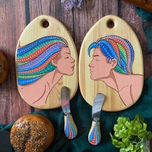 Hand-Painted & Laser Engraved Mini Cheese Boards Set with Matching Hand-Painted Butter Knife. Adam & Eve