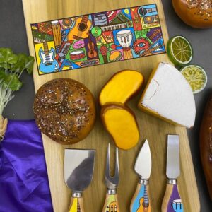 Hand-Made, Hand-Painted & Engraved Cheese Board with Matching Hand-Painted Cheese Knife Set. Music to my Cheese