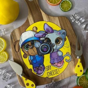 Hand-Painted Acacia Cheese Board with Matching Hand-Painted Cheese Knife Set. Say Cheese!!!