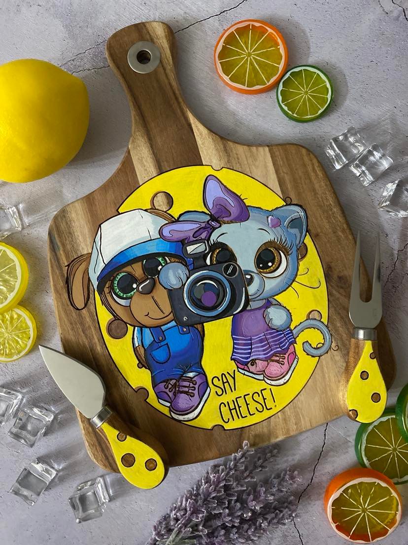 Hand-Painted Acacia Cheese Board with Matching Hand-Painted Cheese Knife Set. Say Cheese!!!