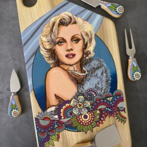 Hand-Made, Hand-Painted & Engraved Cheese Board with Matching Hand-Painted Cheese Knife Set. Marilyn