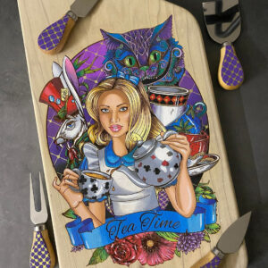 Hand-Made, Hand-Painted & Engraved Cheese Board with Matching Hand-Painted Cheese Knife Set. Alice in HivedecoLand