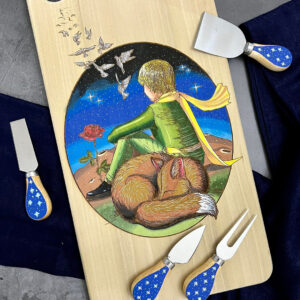 Hand-Made, Hand-Painted & Engraved Cheese Board with Matching Hand-Painted Cheese Knife Set. The Little Prince & the Fox