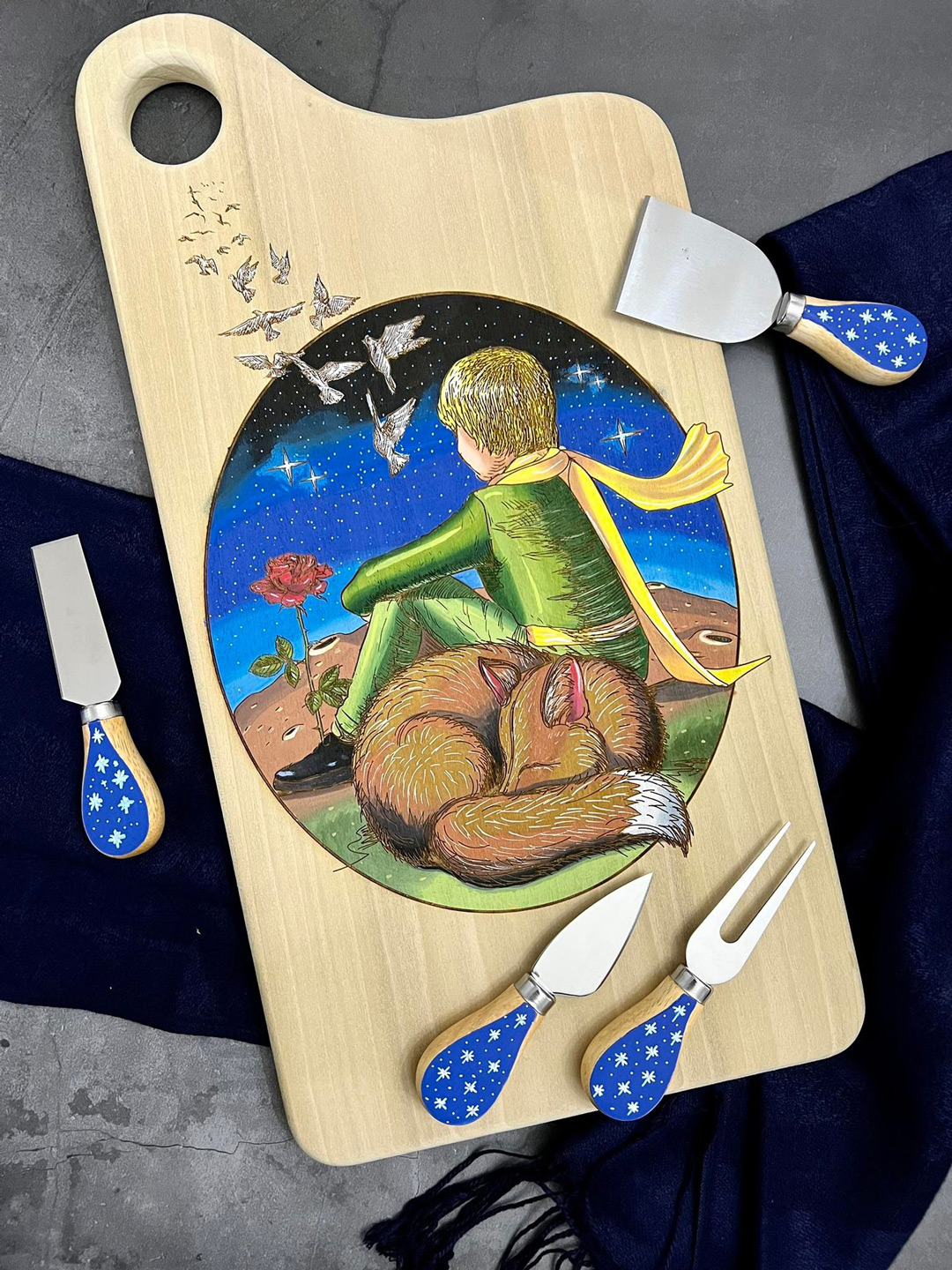Hand-Made, Hand-Painted & Engraved Cheese Board with Matching Hand-Painted Cheese Knife Set. The Little Prince & the Fox