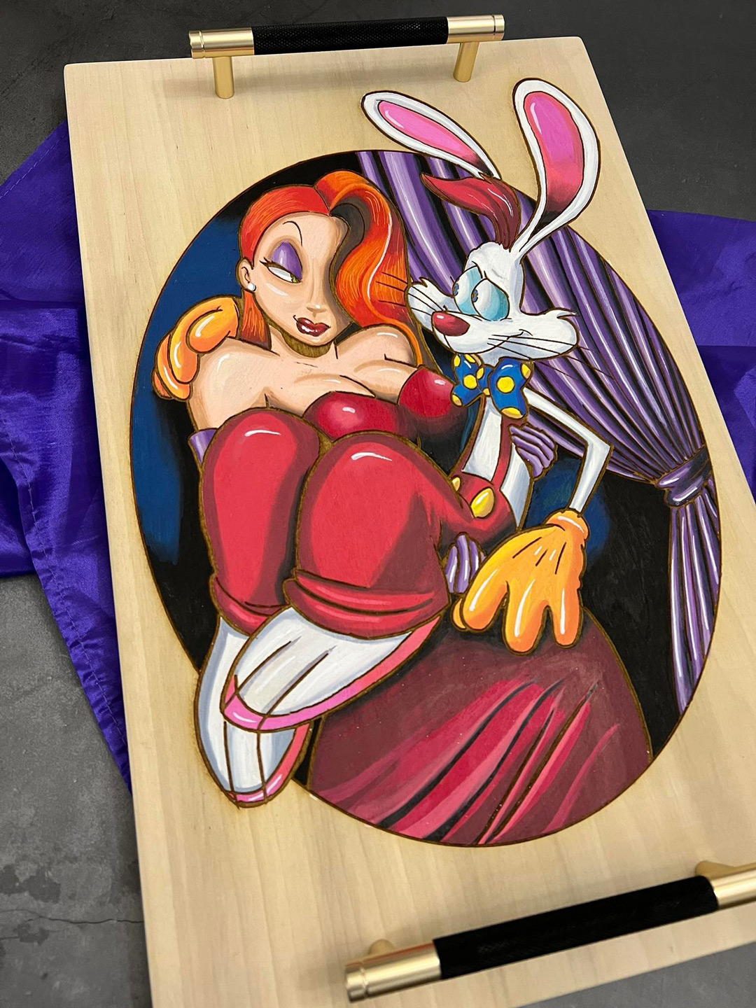 Hand-Made, Hand-Painted & Engraved Serving Tray, Decorative Tray. Jessica & Roger - Image 2