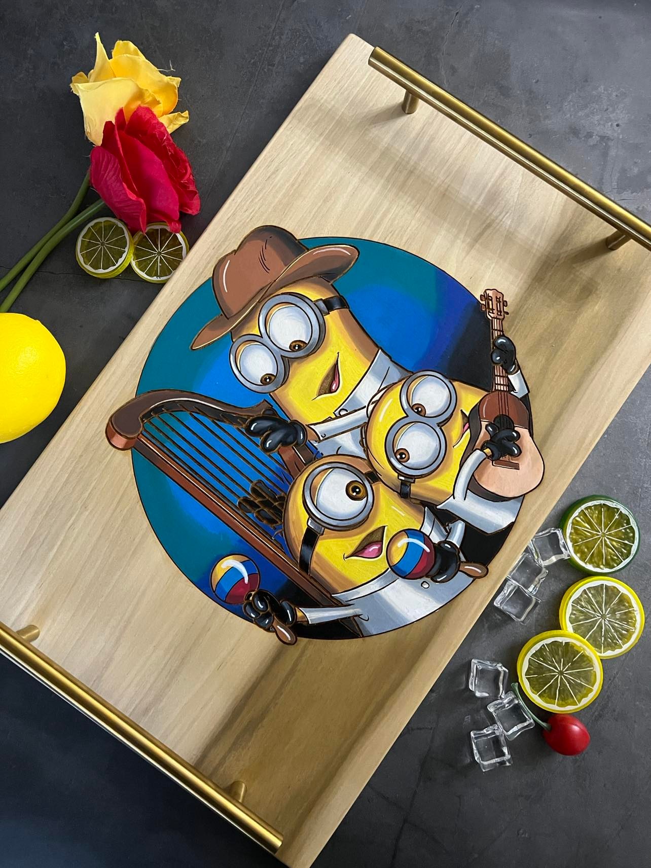 Hand-Made, Hand-Painted & Engraved Serving Tray, Decorative Tray. Llaneritos (Minions Inspired)